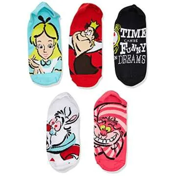 Disney womens Alice in Wonderland 5 Pack No Show Casual Sock, Assorted Bright, 9 11 US