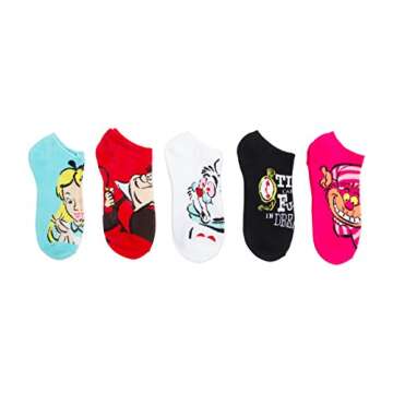 Disney womens Alice in Wonderland 5 Pack No Show Casual Sock, Assorted Bright, 9 11 US