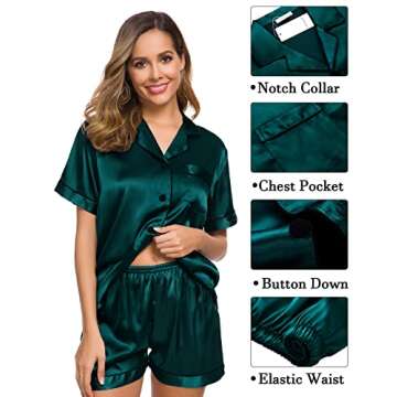 SWOMOG Womens 3pcs Pajamas Set Silk Satin Short Sleeve Sleepwear Button Down Loungewear Pjs Nightwear Deep Green Small