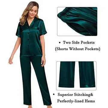 SWOMOG Womens 3pcs Pajamas Set Silk Satin Short Sleeve Sleepwear Button Down Loungewear Pjs Nightwear Deep Green Small