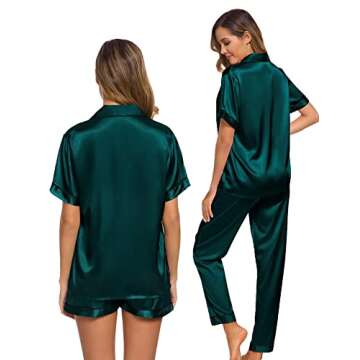 SWOMOG Womens 3pcs Pajamas Set Silk Satin Short Sleeve Sleepwear Button Down Loungewear Pjs Nightwear Deep Green Small