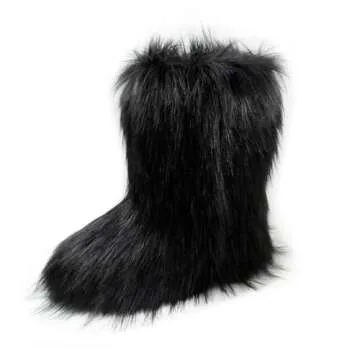 QMFUR Women's Furry Faux Fur Boots Knee High Snow Boots Fuzzy Fluffy Flat boot Winter Warm Fashion B...