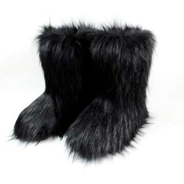 QMFUR Women's Furry Faux Fur Boots Knee High Snow Boots Fuzzy Fluffy Flat boot Winter Warm Fashion Boots (Black, adult, women, numeric_8, numeric, us_footwear_size_system, medium)