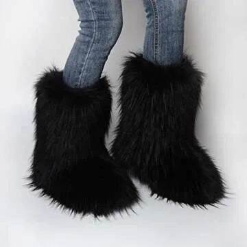 QMFUR Women's Furry Faux Fur Boots Knee High Snow Boots Fuzzy Fluffy Flat boot Winter Warm Fashion Boots (Black, adult, women, numeric_8, numeric, us_footwear_size_system, medium)