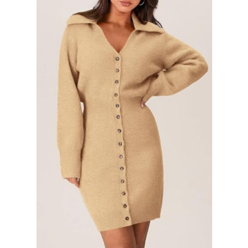 Trendy Long Sleeve Button Down Sweater Dress for Women