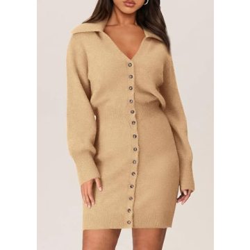 Trendy Long Sleeve Button Down Sweater Dress for Women