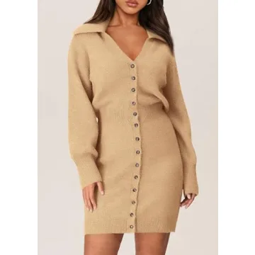 Trendy Long Sleeve Button Down Sweater Dress for Women