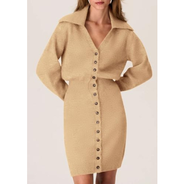 Trendy Long Sleeve Button Down Sweater Dress for Women