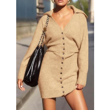 Trendy Long Sleeve Button Down Sweater Dress for Women