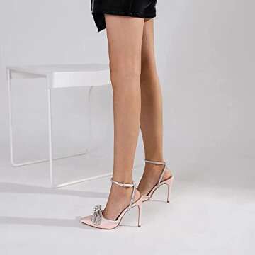 Bieosnli Women's Satin Lace Up High Heel Sandals Ankle Buckle Straps Pump Rhinestone Strip Bowknot Pointed Toe Stiletto Sandals Pink 7