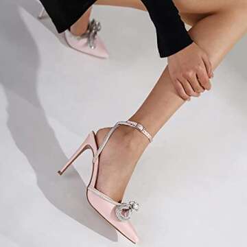 Bieosnli Women's Satin Lace Up High Heel Sandals Ankle Buckle Straps Pump Rhinestone Strip Bowknot Pointed Toe Stiletto Sandals Pink 7