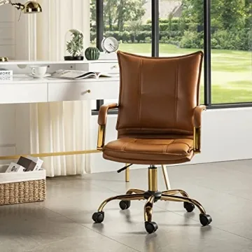 Elegant HULALA HOME Faux Leather Office Chair with Golden Legs and Arms, Adjustable Swivel Design, C...