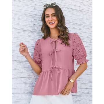 GRACE KARIN Women's Babydoll Peplum Tops Spring Puff Sleeve Blouses Bow Tie Front Casual Blouse Shir...
