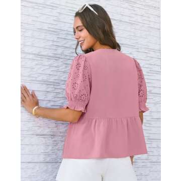 GRACE KARIN Women's Babydoll Peplum Tops Spring Puff Sleeve Blouses Bow Tie Front Casual Blouse Shirts Pink