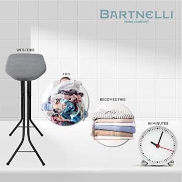 Bartnelli Pulse Ironing Board | Made in Europe | Patent Space Saving Smart Hanger Iron Board for Easy Storage | Lightweight, 4 Layer Cover, 4 Legs, for Dorm, Laundry Room, or Small Spaces(43x13-35)
