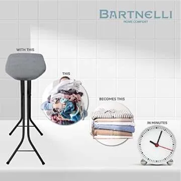 Bartnelli Pulse Ironing Board | Made in Europe | Patent Space Saving Smart Hanger Iron Board for Easy Storage | Lightweight, 4 Layer Cover, 4 Legs, for Dorm, Laundry Room, or Small Spaces(43x13-35)
