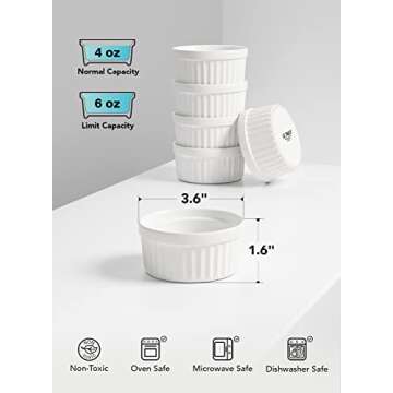 LE TAUCI Ramekins 4 OZ Oven Safe, Creme Brulee Ramekins, Pudding Custard Cups Souffle Ramiken, Dipping Sauce Dishes, Ceramic Ramekin Bowls Set of 6, White