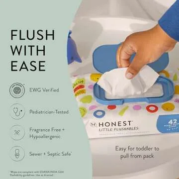 The Honest Company Plant-Based Toddler Flushable Wipes | Designed for Potty Training | 99% Water, Hypoallergenic, EWG Verified, Safe to Flush | Fragrance Free, 126 Count