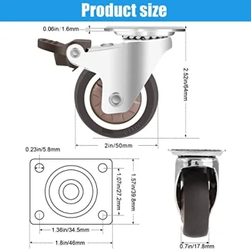 Nefish 2 Inch Swivel Caster Wheels for Furniture Rubber Casters Set of 4 Heavy Duty of 600 Lbs No Noise Locking Plate Castors Safe for Hardwood Floor & Carpet (2 with Brake and 2 Without)