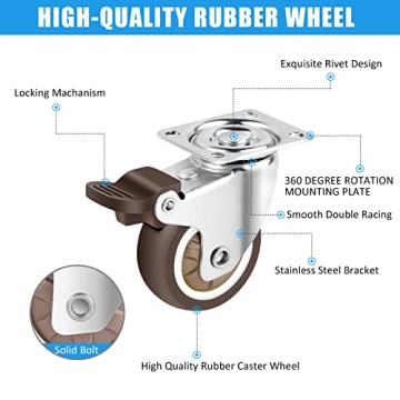 Nefish 2 Inch Swivel Caster Wheels for Furniture Rubber Casters Set of 4 Heavy Duty of 600 Lbs No Noise Locking Plate Castors Safe for Hardwood Floor & Carpet (2 with Brake and 2 Without)