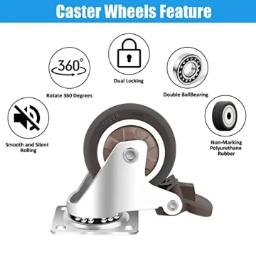 Nefish 2 Inch Swivel Caster Wheels for Furniture Rubber Casters Set of 4 Heavy Duty of 600 Lbs No Noise Locking Plate Castors Safe for Hardwood Floor & Carpet (2 with Brake and 2 Without)