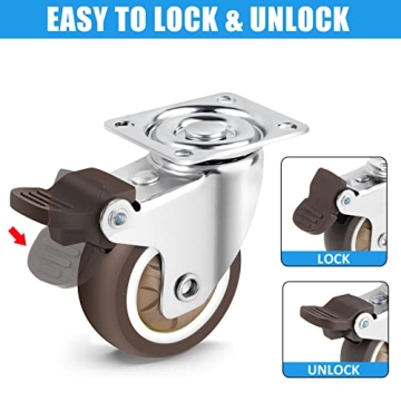 Nefish 2 Inch Swivel Caster Wheels for Furniture Rubber Casters Set of 4 Heavy Duty of 600 Lbs No Noise Locking Plate Castors Safe for Hardwood Floor & Carpet (2 with Brake and 2 Without)