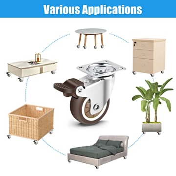 Nefish 2 Inch Swivel Caster Wheels for Furniture Rubber Casters Set of 4 Heavy Duty of 600 Lbs No Noise Locking Plate Castors Safe for Hardwood Floor & Carpet (2 with Brake and 2 Without)