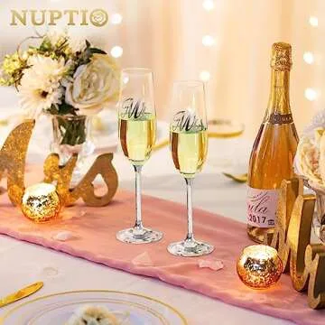NUPTIO Crystal Champagne Flutes Glasses: Set of 2 Wedding Champagne Glass with Wooden Gift Box Mr & Mrs Toasting Flute for Bride Groom Engagement 50th Anniversary Birthday Party