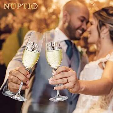 NUPTIO Crystal Champagne Flutes Glasses: Set of 2 Wedding Champagne Glass with Wooden Gift Box Mr & Mrs Toasting Flute for Bride Groom Engagement 50th Anniversary Birthday Party