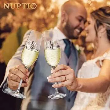 NUPTIO Crystal Champagne Flutes Glasses: Set of 2 Wedding Champagne Glass with Wooden Gift Box Mr & Mrs Toasting Flute for Bride Groom Engagement 50th Anniversary Birthday Party