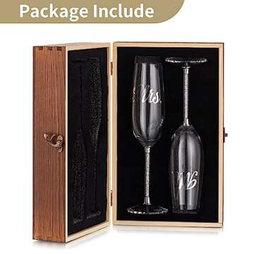 NUPTIO Crystal Champagne Flutes Glasses: Set of 2 Wedding Champagne Glass with Wooden Gift Box Mr & Mrs Toasting Flute for Bride Groom Engagement 50th Anniversary Birthday Party