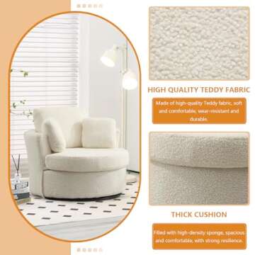 JEEOHEY Swivel Barrel Chair,42'' W Teddy Round Swivel Chair,360 Degree Oversized Swivel Accent Chair,Modern Upholstered Arm Chair,Comfy Single Sofa Chair for Nursery,Living Room,Bedroom(Ivory)