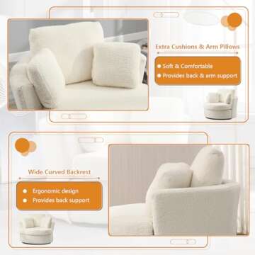 JEEOHEY Swivel Barrel Chair,42'' W Teddy Round Swivel Chair,360 Degree Oversized Swivel Accent Chair,Modern Upholstered Arm Chair,Comfy Single Sofa Chair for Nursery,Living Room,Bedroom(Ivory)