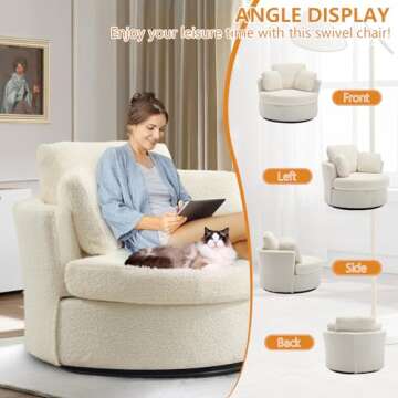 JEEOHEY Swivel Barrel Chair,42'' W Teddy Round Swivel Chair,360 Degree Oversized Swivel Accent Chair,Modern Upholstered Arm Chair,Comfy Single Sofa Chair for Nursery,Living Room,Bedroom(Ivory)