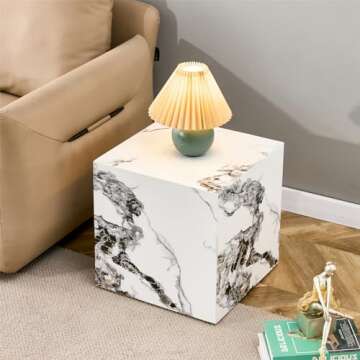 End Table, White Marble Side Table, Beside Table Couch Coffee Table, Cube Accent Living Room Sofa Table, Bedside Table Nightstand for Small Spaces, Bedroom (Modern, Marble 01)