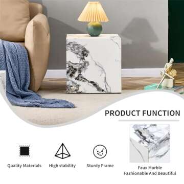 End Table, White Marble Side Table, Beside Table Couch Coffee Table, Cube Accent Living Room Sofa Table, Bedside Table Nightstand for Small Spaces, Bedroom (Modern, Marble 01)