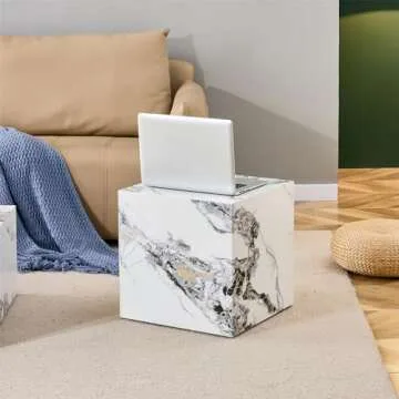End Table, White Marble Side Table, Beside Table Couch Coffee Table, Cube Accent Living Room Sofa Table, Bedside Table Nightstand for Small Spaces, Bedroom (Modern, Marble 01)