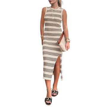 PRETTYGARDEN Women's Summer Bodycon Sundresses Casual Midi Sleeveless Hollow Out Knit Side Slit Stri...
