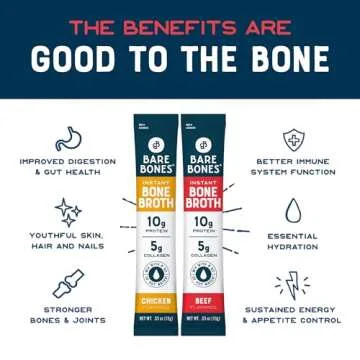 Bare Bones Bone Broth Instant Powdered Beverage Mix, Chicken & Beef, Variety Pack of 8, 4 Chicken & 4 Beef - 15g Sticks, 10g Protein, Keto & Paleo Friendly