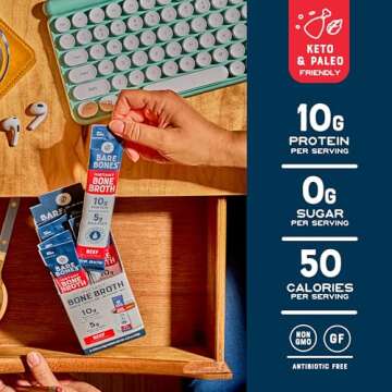 Bare Bones Bone Broth Instant Powdered Beverage Mix, Chicken & Beef, Variety Pack of 8, 4 Chicken & 4 Beef - 15g Sticks, 10g Protein, Keto & Paleo Friendly