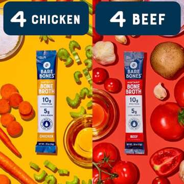 Bare Bones Bone Broth Instant Powdered Beverage Mix, Chicken & Beef, Variety Pack of 8, 4 Chicken & 4 Beef - 15g Sticks, 10g Protein, Keto & Paleo Friendly