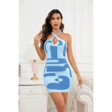 MISSACTIVER Women’s Halter Neck Sleeveless Bodycon Dress Sexy Deep V Neck Backless Bandage Summer Casual Mini Dress (Large, Blue)