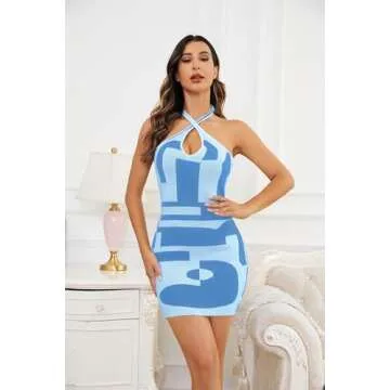 MISSACTIVER Women’s Halter Neck Sleeveless Bodycon Dress Sexy Deep V Neck Backless Bandage Summer Casual Mini Dress (Large, Blue)
