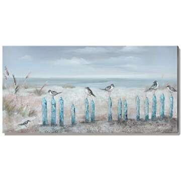Ocean Beach Wall Art 3D Framed Hand-Painted Seascape Oil Painting Perching Bird Canvas Artwork 'The ...
