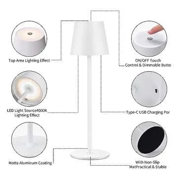 IMQSQIK Cordless Table Lamps USB Rechargeable Simplicity Desk Lamp Built-in 4600 mAh Battery LED Battery Operated lamp with Touch Control Table lamp - Bedroom/Desk/Reading/Patio(White)