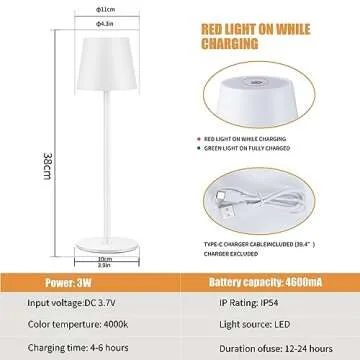 IMQSQIK Cordless Table Lamps USB Rechargeable Simplicity Desk Lamp Built-in 4600 mAh Battery LED Battery Operated lamp with Touch Control Table lamp - Bedroom/Desk/Reading/Patio(White)