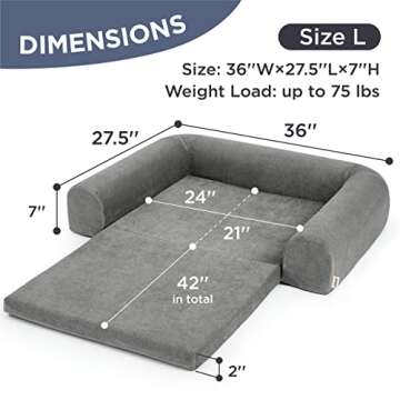 Lesure 2 in 1 Memory Foam Dog Bed for Large Dogs, Orthopedic Dog Bed Washable with Expandable Cushion and Durable Waterproof Liner Dog Lounge Pet Sofa, Grey