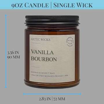 Vanilla Bourbon Candles | Arctic Wicks 9oz Coconut & Beeswax Candles | Scented Non-Toxic Candles for Fall, Winter, Holidays, Gifts For Him, Whiskey Bourbon, Vanilla Candle | USDA Certified Biobased