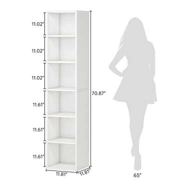 LITTLE TREE 70.9 Inch Tall Narrow Bookcase, Corner Bookshelf 6 Tier Cube Display Shelf Storage Organizer for Small Space, White