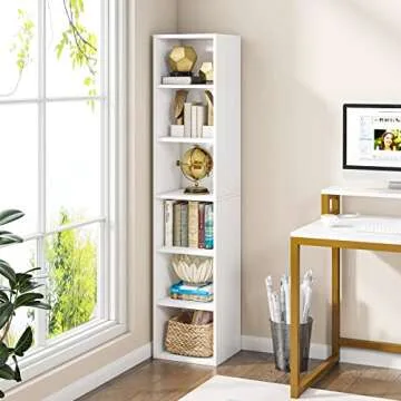 LITTLE TREE 70.9 Inch Tall Narrow Bookcase, Corner Bookshelf 6 Tier Cube Display Shelf Storage Organizer for Small Space, White